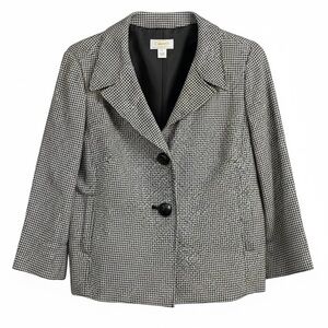 VTG Talbots Women Petite Sz 14 Houndstooth Blazer Jacket Black Preppy Wool